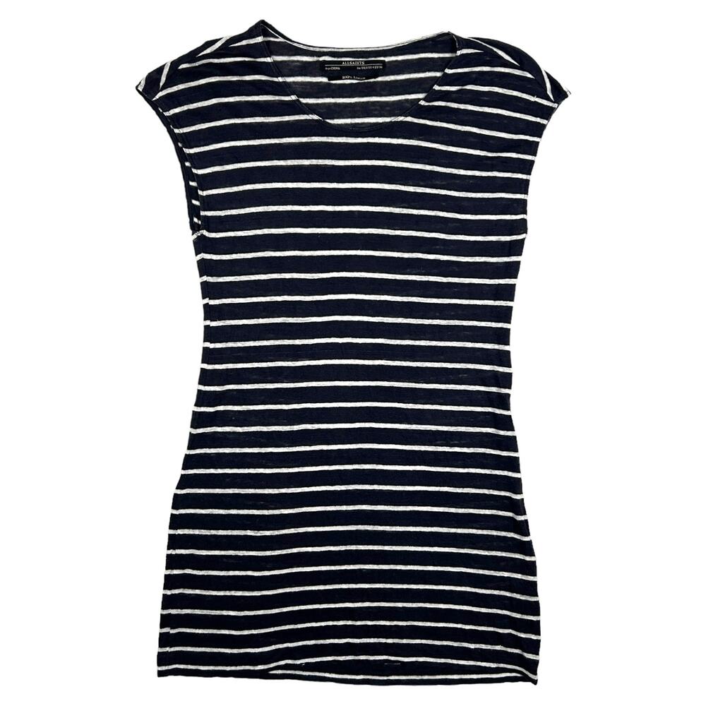 AllSaints Size 4 Linen Kayo Dress Cap Sleeve Navy Blue White Stripe Beach Preppy